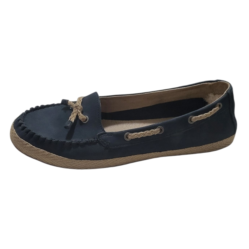 UGG Dark Blue Moccasins with Tan Accents